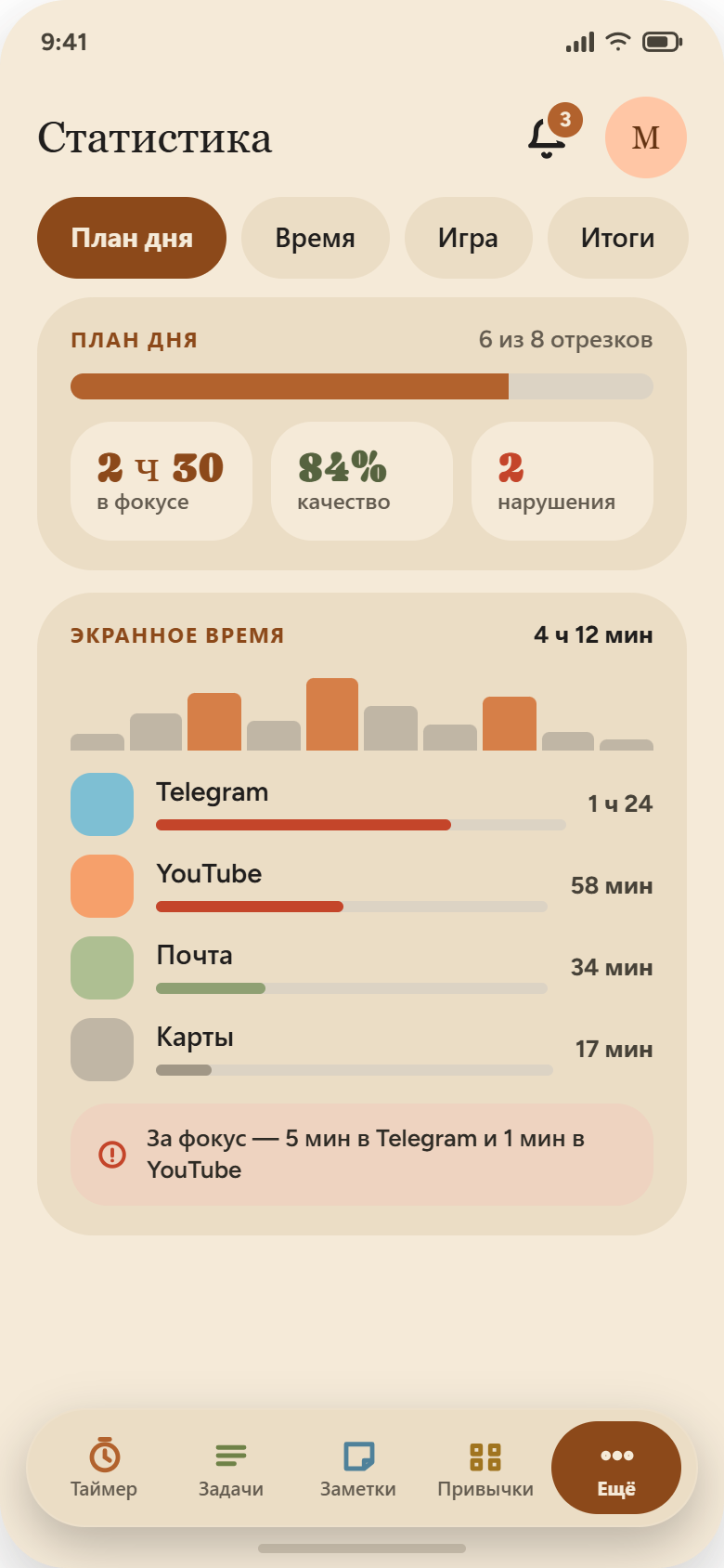 Статистика дня и экранное время